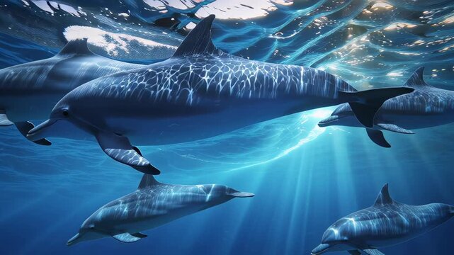 Playful dolphin pod underwater ocean marine wildlife blue water with sunlight rays and tropical reef wonder, graceful aquatic harmony and peaceful