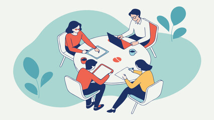Teamwork Collaboration Meeting Business People Office Workers Brainstorming Project Discussion Modern Workplace Colleagues Group Cooperation Digital Devices Technology Tablet Laptop.