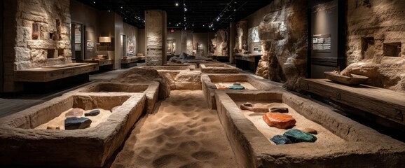 Museum exhibit of ancient stone-lined pits filled with sand and artifacts