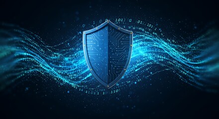 Fototapeta premium Digital shield icon with circuit patterns on an abstract background, symbolizing robust cybersecurity, data protection, and network security for online privacy
