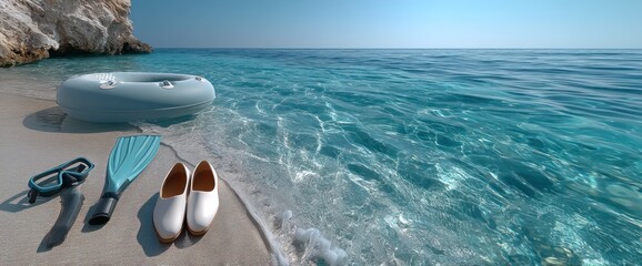 Beach scene with inflatable boat, snorkeling gear, and shoes