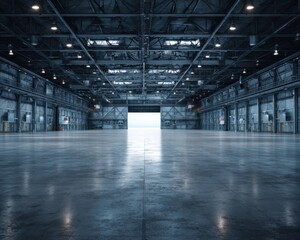 Modern Premium Aviation Hangar Interior with Expansive Empty Space and Steel Trusses for Scalable Infrastructure Development and Secure Shelter Marketing