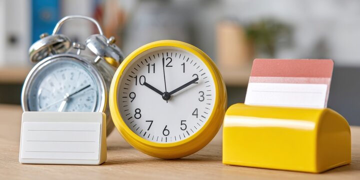 Modern Professional Time Tracking Tools with Analog Clock and Employee Punch Card for Efficient Workforce Management and Business Productivity Content