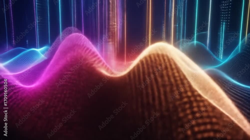 Wall mural abstract digital landscape with colorful waves and vertical lines, creating a futuristic and dynamic
