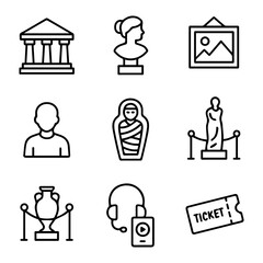 Fototapeta premium Museum Line Icons Ancient Building Bust Painting Mummy Statue Vase Audio Guide Ticket.