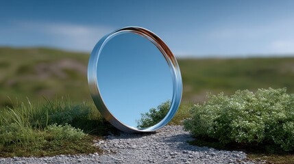 Round mirror on a grassy path, reflecting a clear sky