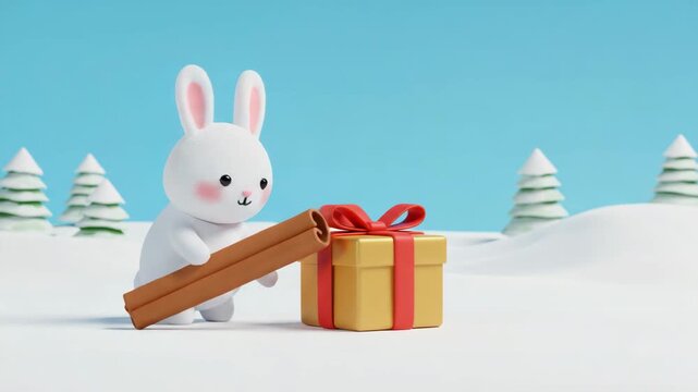 In a snowy landscape, 3D bunny character holds cinnamon stick next to golden gift box with red ribbon.
