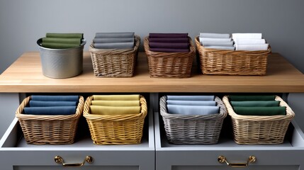 Wicker baskets holding folded cloths in various colors on a wooden countertop and in drawers