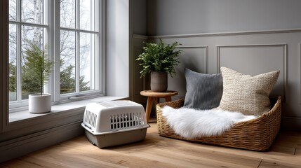 Cozy pet carrier near window, wicker bed