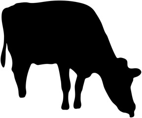 Cow silhouette grazing side view, farm animal livestock vector illustration, black outline bovine eating grass, simple rural agriculture design, dairy cattle graphic art