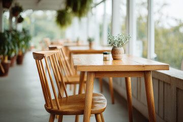 Obraz premium modern stylish outdoor cafe featuring unique wooden furniture and tables captured in clean bright atmosphere