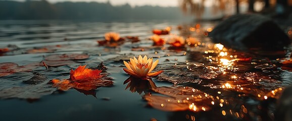 Autumnal pond with water lilies and fallen leaves