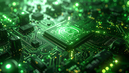 Neon Circuit: A close-up view of a vibrant, futuristic circuit board illuminated with neon green lights. Showcasing technology, electronics, and the essence of innovation. 