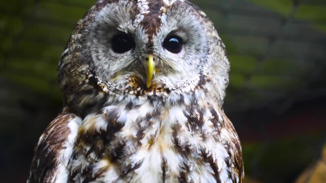 Cloae up of a small owl head looking arund on a sunnx autumn day