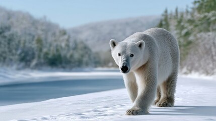 Majestic polar bear strolls snowy bank of frozen river