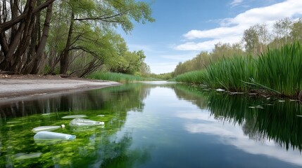 River polluted with plastic bottles, tranquil forest banks