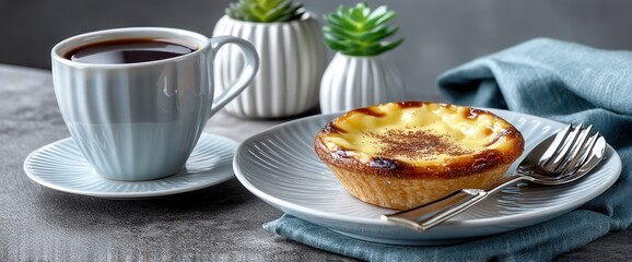 Pastel de Nata with coffee and tableware