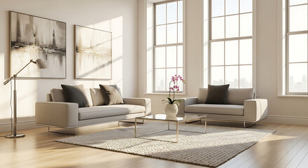 Fototapeta premium Sundrenched modern living room interior with large windows neutral sofas and abstract art.