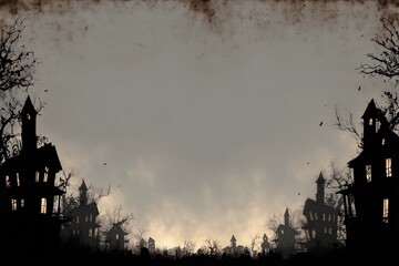 Spooky haunted houses and barren trees against eerie sunset sky