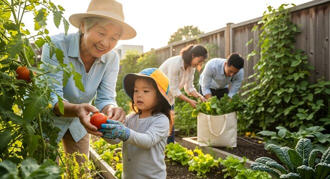 Grandmother and child harvesting fresh tomato in sunny garden. - Powered by Adobe