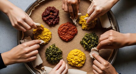 Ethiopian Eritrean Shared Meal: Hands Eating Injera & Wot