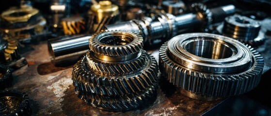 Premium high-quality closeup of automatic transmission gears on industrial workbench for professional automotive marketing campaigns and modern mechanical service brands