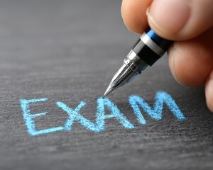 Professional Handwriting Close-Up of Exam Registration with Blue Marker on Dark Surface for Authentic Education and Admission Campaign Content