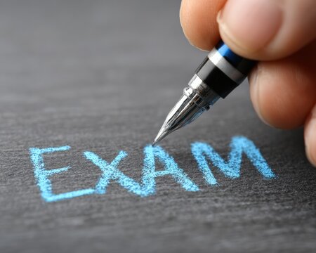 Professional Handwriting Close-Up of Exam Registration with Blue Marker on Dark Surface for Authentic Education and Admission Campaign Content