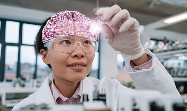 Professional Female Scientist Analyzing Neural Signals on Holographic Brain Interface in Modern Lab for Tech Innovation and Inspiring Research Content - Powered by Adobe