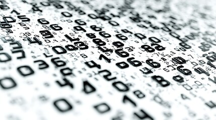 Numerous Shiny Black Numbers Scattered on White Surface for Tech or Financials