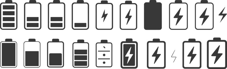 Battery charge level icons vector set, energy power symbol illustration, mobile device battery indicator design, electric charging status graphic, technology concept element © MdShahin