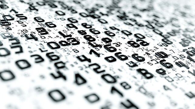 Numerous Shiny Black Numbers Scattered on White Surface for Tech or Financials