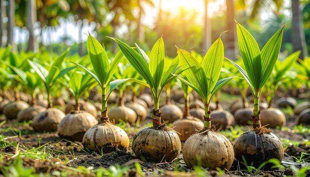 Young coconut seedlings in a plantation