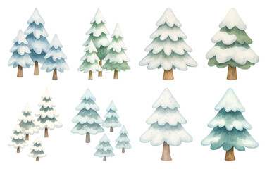 Fototapeta premium PNG Watercolor snowy pine trees illustration, element set on transparent background