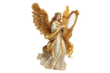 A Christmas angel holding a golden harp, isolated on a transparent background.