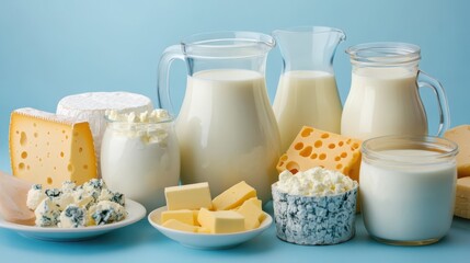 Fresh dairy delights assortment, imagine creamy milk, artisan cheeses and butter, perfect for healthy recipes and culinary inspiration