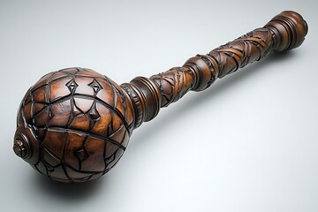 Ornate Carved Wooden Mace Club with Sphere Head Detail on a White Background