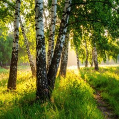 Fototapeta premium Sunlight filters through birch trees in a meadow