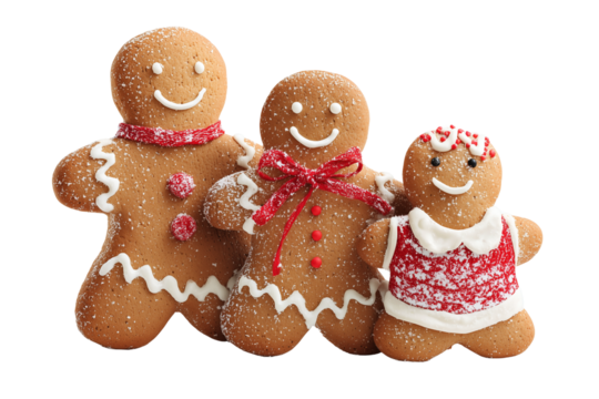 A Christmas gingerbread man family, isolated on a transparent background.
