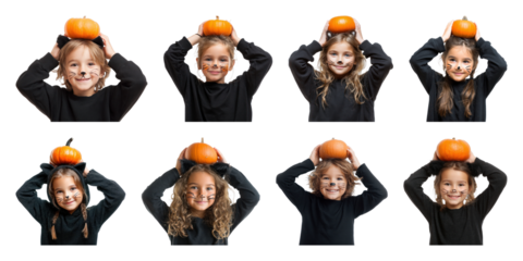 PNG Children with pumpkins smiling, element set on transparent background