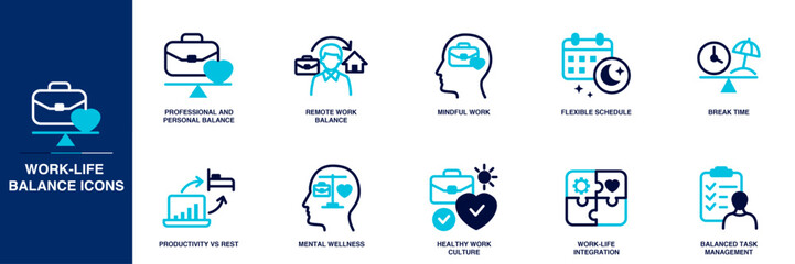 Work-Life Balance Blue Colored Outline Icon Set