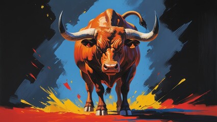 A bull standing in a splash of vibrant paint