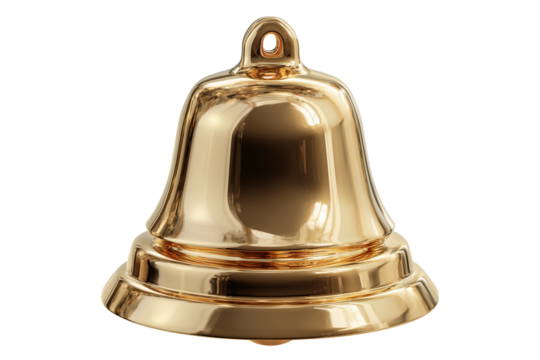 A Christmas jingle bell with shiny gold finish, isolated on a transparent background.