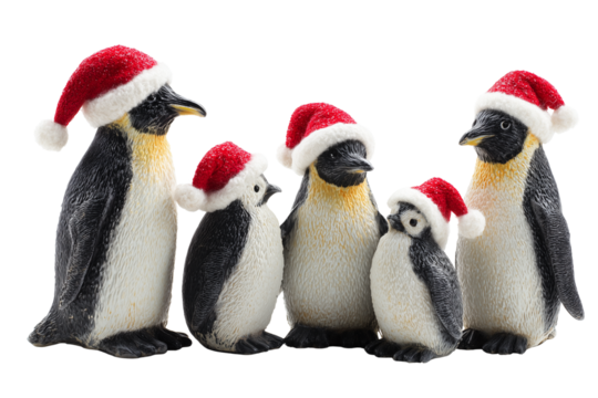 A Christmas penguin family with Santa hats, isolated on a transparent background. - Powered by Adobe