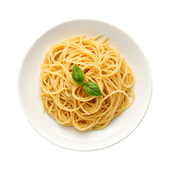 Cooked spaghetti pasta with a single basil leaf on a white plate noodles food