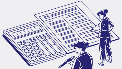 Financial planning accounting illustration two women reviewing documents calculator budget teamwork business finance isometric analysis strategy paperwork report data calculation n.