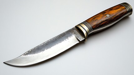 Ornate Hunting Knife with Wood Handle and Aged Metal Blade on White Background