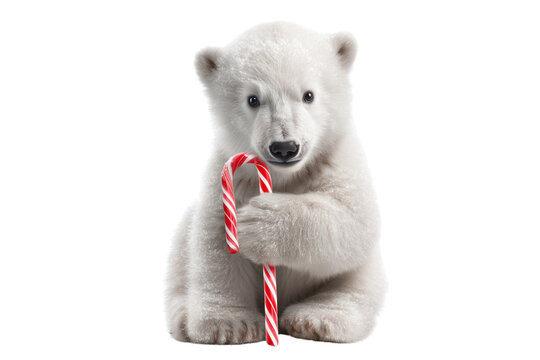 A Christmas polar bear cub holding a candy cane, isolated on a transparent background. - Powered by Adobe