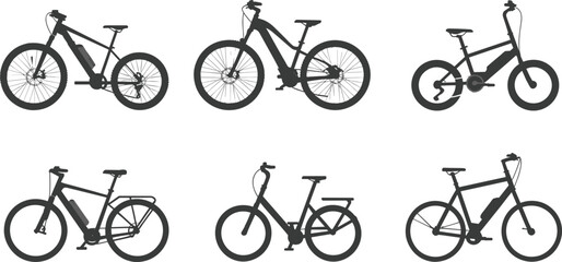 Electric bicycle silhouette collection vector illustration, modern eco friendly transport design, black e bike set with mountain, city, road, urban commuting styles