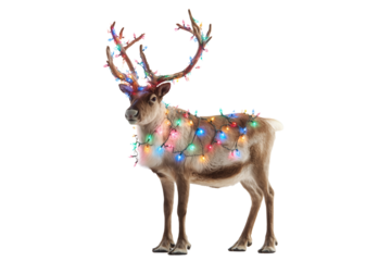 A Christmas reindeer with colorful lights around antlers, isolated on a transparent background.